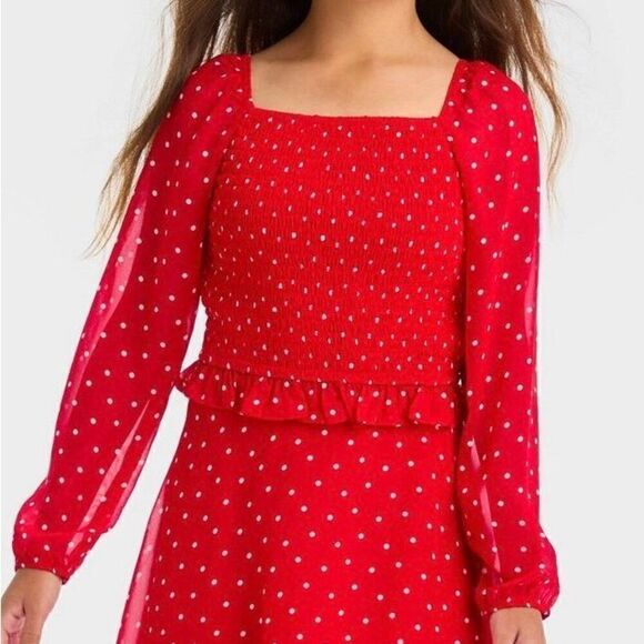 Girls' Long Sleeve Smocked Chiffon Top - Art Class™ Red Dot Size L New - Picture 1 of 6